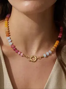 Women's Colorful Beaded Natural Gemstone Necklace, Bohemian Style Jewelry, Gold Plated Summer Handmade Accessory, High-Quality Fashion Gift, Boho Style Beaded, Trendy Jewelry