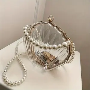 NEULRY Elegant Acrylic Cruciformbody Bag with Artificial Pearls & Beaded Chain - Transparent Soft Shell Fabric, White, Handheld, Fixed Strap, Secure Buckle Closure, Chic Accessory for Women