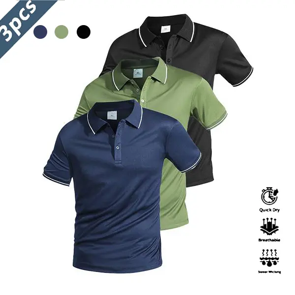 Men's Casual Jersey Polo Shirts, 3-Pack Short-Sleeve with Contrast Collar, Quick-Dry and Lightweight for Golf & Tennis, Collared Shirt, Button, Dry Clean