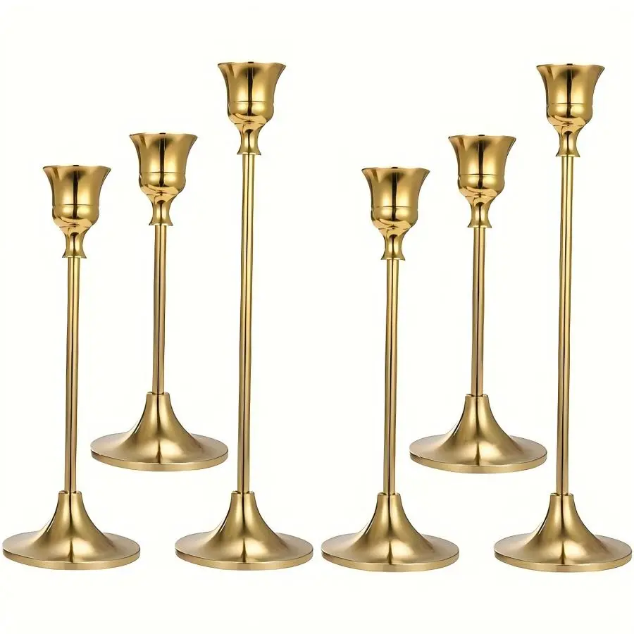 6-Piece Luxury Minimalist Modern Golden Metal Pedestal Candle Holders - Home Supplies Votive Tabletop Decor Accents for Living Room, Bedroom Interior Decoration, Votive Candle Holders