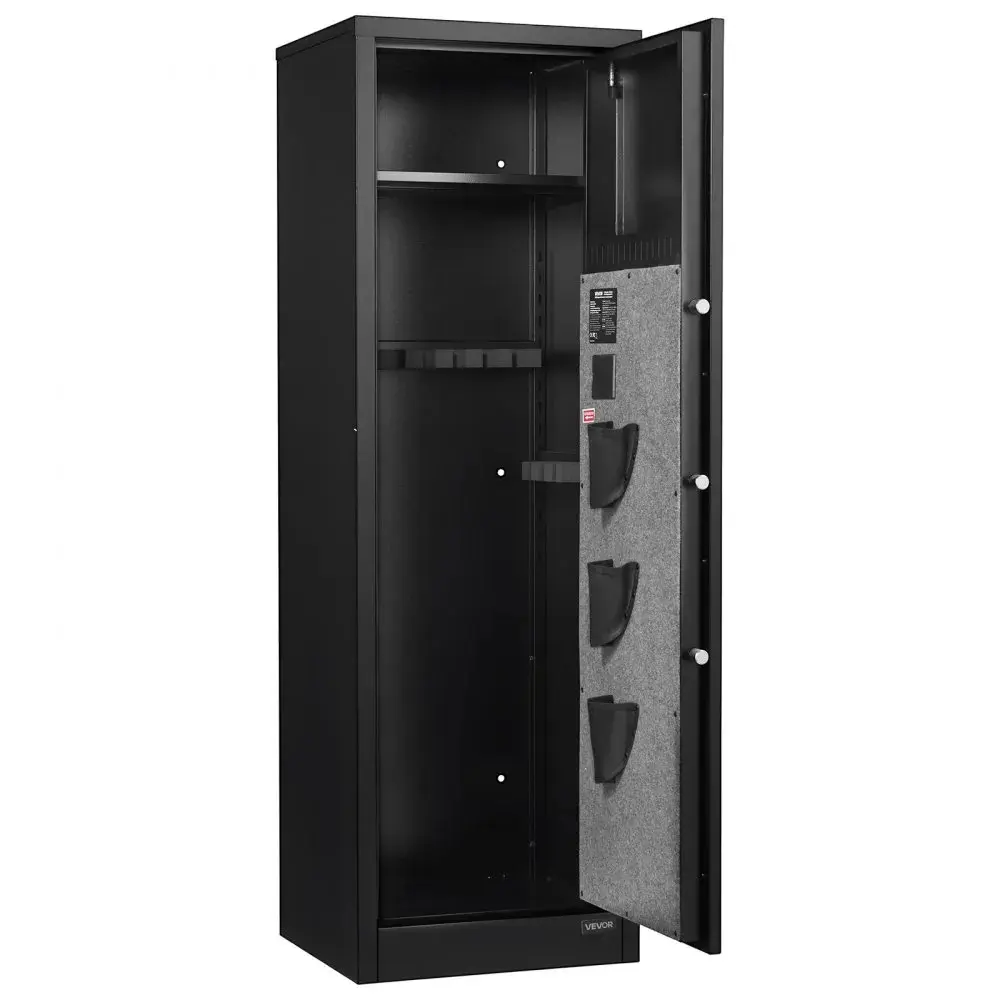VEVOR Biometric Fingerprint Digital Steel Anti-Theft Safe - Safe Storage for Rifle Owners, 8-10 Gun Capacity, 3 Pistol Pockets, Adjustable Racks, Key/Password Lock, Auto-Lock, LED Lights, Accessory Slot, Wall Mount (Assembly Required), Anti Theft Safes