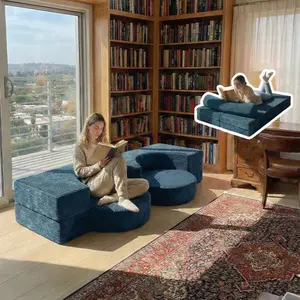 75" Folding Sofa Bed Convertible Futon, Twin Size Sleeper Couch, Washable Velvet Corduroy Cover & High-Density Foam, 2-in-1 Floor Mattress, No Assembly for Living Room/Dorm Blue tiktokshopspringglowup U Shape Sofa