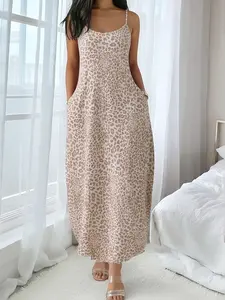2026 Summer Bestseller! Loose Flowy Strap Leopard Dress, Conceals Fatigue, Slimming Design with Pockets, Casual Home & Wear