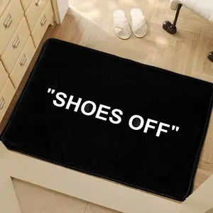 1pc Minimalist "SHOES OFF" Black Faux-Wool Entry Mat｜Machine-Washable Quick-Absorb Non-Slip for Entry/Kitchen/Living/Bedside/Bath, Multi-Size Minimal Gift, Home Decorative Rug, Soft Area Rug
