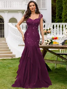 MIUSOL 24453A Sequin Floral Lace Sweetheart Neck Cap Sleeve Contrast Mesh Tiered Hem Evening Party Maxi Dress, Elegant Party Dress For Women, Formal Evening Gown, Prom Dress, For Wedding Guest, Graduation, Dinner