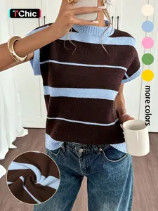 Women's Striped Round Neck Knit Short Sleeve Top, Casual Versatile Simple Fashion, Perfect for Spring Summer Daily Commute Outdoor Activities