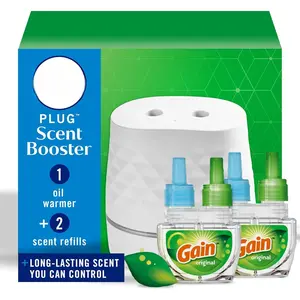 Plug Scent Booster Starter Kit, Oil Diffuser, Air Freshener Plug in, Continuous Scent Device + 2 Gain Original Refills