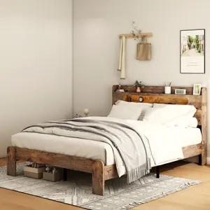 Full Size Bed Frame with Storage Headboard,Charging Station & LED Lights, Rustic Farmhouse Sturdy Framework Wood Bedframe,Full Platform Bed Frame for Bedroom, Easy Assembly (Dark Brown)