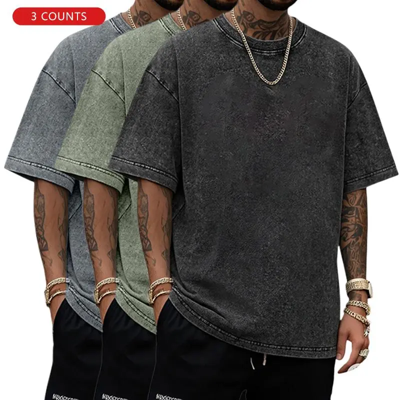 Men's 3-Piece T-Shirt Set, Washed Cotton American Retro Style, Loose Fit Plain Short-Sleeve Round Neck Casual Comfy Streetwear, Tshirt, Shortsleeve, Casual Comfy Fashion