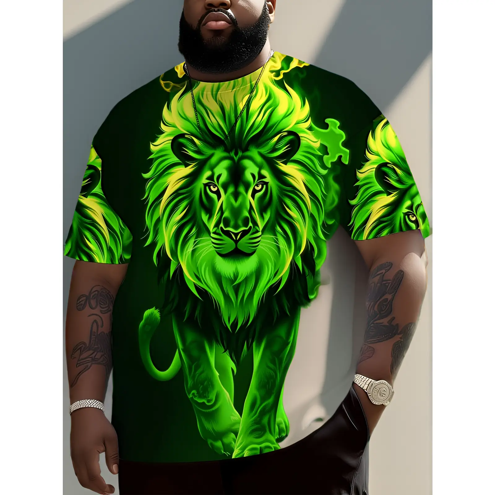 Men's Plus Size Crew Neck Drop Shoulder All-Seasons Sports Top - Animal Themed Green and Yellow Lion Face Design for Casual Outdoor Activities, XXXL Option