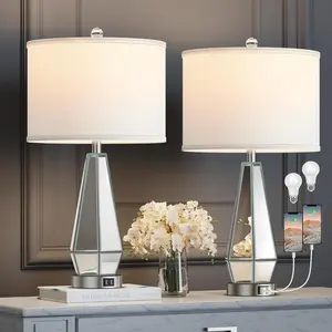2 Set of Mirrored Glass Bedside Table Lamps with 2 USB Ports for Bedrooms Modern Side Nightstand Lamps Geometric Contemporary Living Room Lamps for End Tables (Silver)