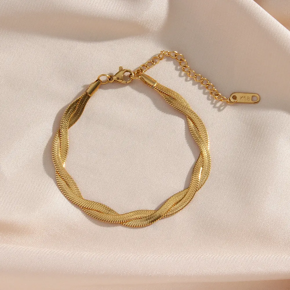 Gold Twisted Braided Herringbone Adjustable Bracelet