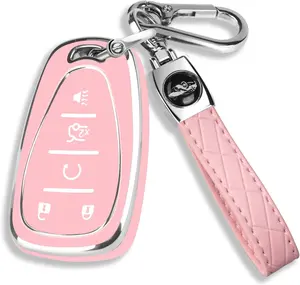 for Chevy Key Fob Cover with Leather Keychain Soft TPU Protection Case Compatible with 2016-2026 Chevy Malibu Blazer Traverse Equinox Trailblazer 5-Buttons(Chrome Trim Pink)