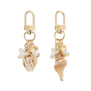 Beach Shell Keychain, Natural Conch & Starfish Charm with Imitation Pearl, Gold Alloy Bag Pendant for Women, Ocean Theme Keyring