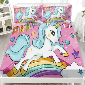 3pcs Bedding Set Rainbow Unicorn Design, Includes One Fitted Sheet and Two Pillowcases, 100% Polyester, Kids Room Decor, Soft Breathable Bedding