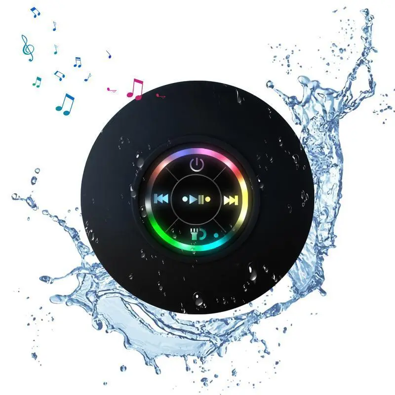 Portable Black Wireless Waterproof Bluetooth Speaker - 20kHz Audio, Suction Cup, LED Lights, Rechargeable Hands-Free Functionality, for Smartphones or Tablets, Home Bathroom Audio Tech Gadget