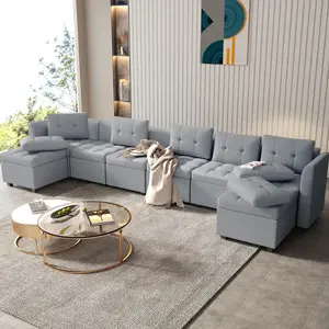 Modular Sectional U Shape Sofa Set with Storage Ottoman, Oversized 8 Seater Sofa Bed, Convertible Sofa Chair with Adjustable Angle Backrest and Back Pillow, Grey