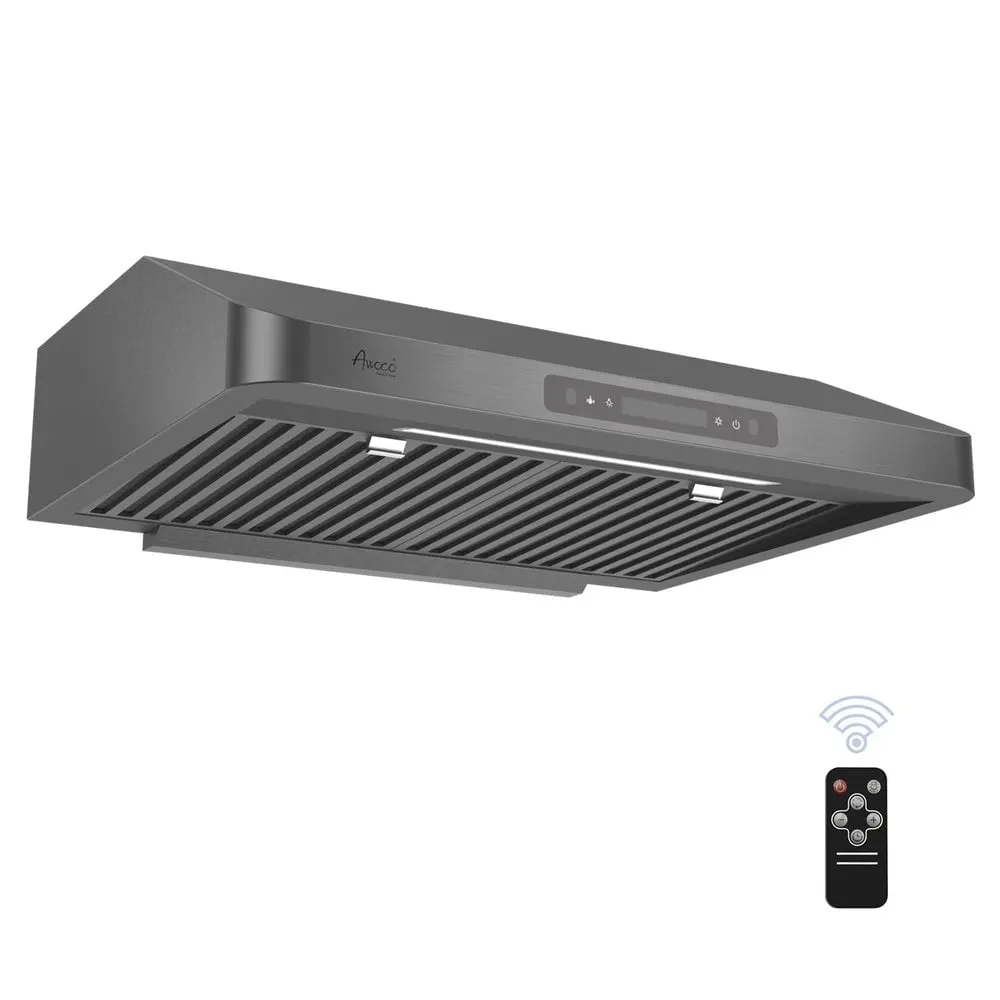 Awoco RH-UC7-30BLK-6 Black Stainless Steel Under Cabinet Range Hood, 30in Width, 7in Height, 6in Top Ducted Vent, 2 Motors, 95w Min-200w Max Power, LED Light, Touch Control, 12-Hour Clock, Auto Shut Off, 120v/60hz, Standard Plug, 22x29.75x7in Dimensions