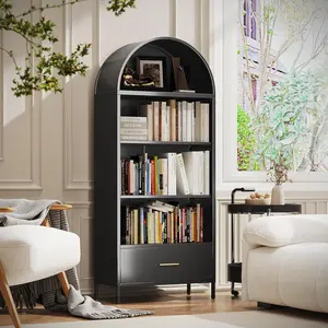 VEXPOR 73" Tall Black Metal Arched Bookshelf Cabinet - 5-Tier Furniture with Drawer, 15.35" D x 30.71" W x 72.83" H, for Living Room & Home Office, Assembly Required, Mother's Day Gift