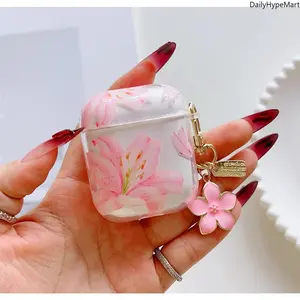 Pink Lily Flower AirPods Case - Soft Silicone Protective Cover with Protection, Shockproof, Anti-Drop, Wireless Charging Compatible, Fits AirPods 1/2/3/Pro/Pro 2