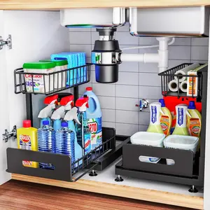 2 Pack Black 2-Tier Adjustable Pull Out Sliding Under Sink Storage Organizers, L Shape Counter Basket Shelf for Kitchen Bathroom Cabinet