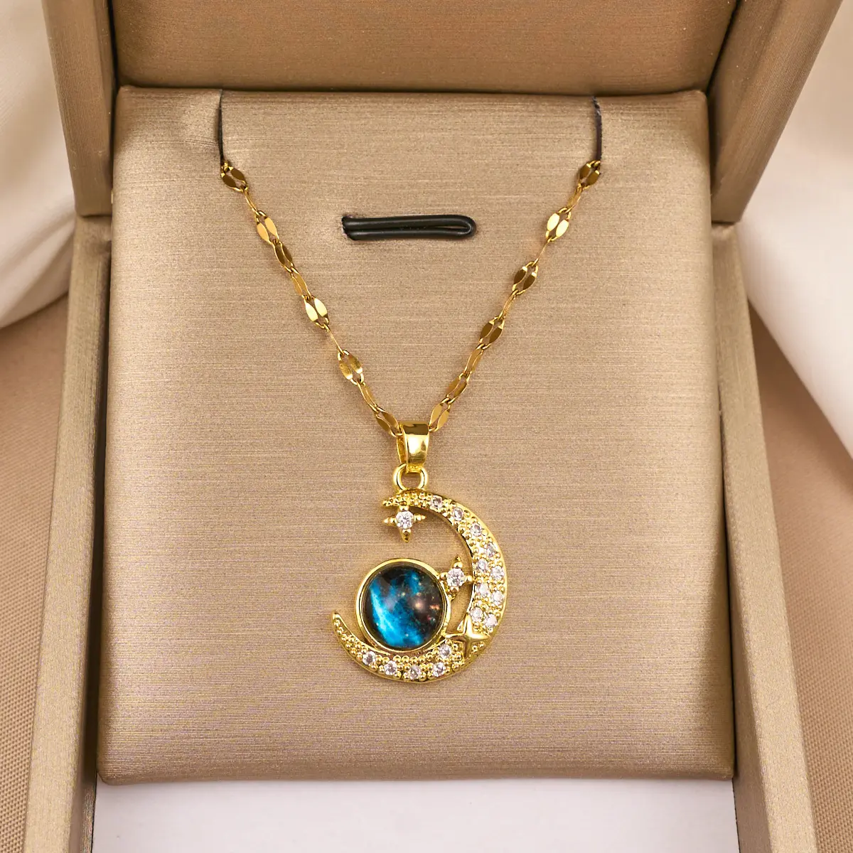 Women's Dainty Gold Moon-Star-Planet Necklace - Crystal-Like Galaxy Blue Pendant, Moon Element Jewelry for Everyday Wear, Birthday Anniversary Gift, Moon Element Necklaces, Crystal-Like Necklaces