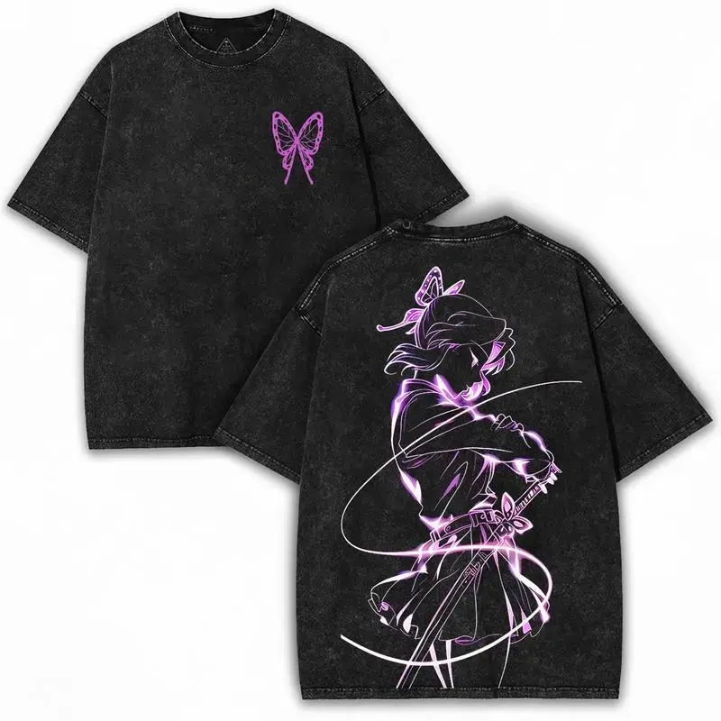 Unisex Vintage Washed Demon Slayer Shinobu Kocho Aesthetic T-Shirt - Insect Hashira Kimetsu No Yaiba Neon Purple Ribbed Oversized Heavyweight Garment-Dyed Cotton Seamless Anime Streetwear Apparel For Fans