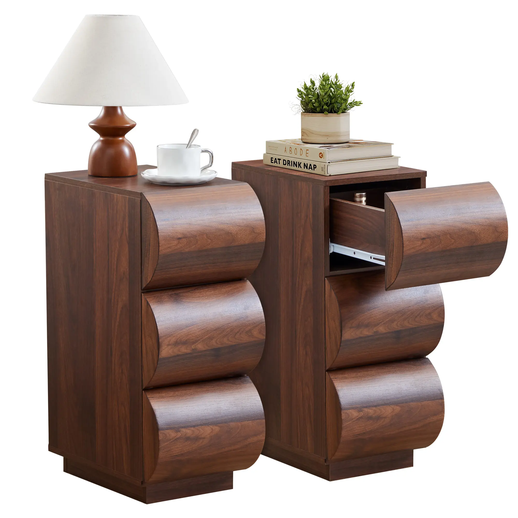 Giratree Nightstand with 3 Drawers, 7.9" Narrow Side Table with Storage, Slim End Table for Small Space, Modern Curved Design Bedside Table for Bedroom/Living Room, Easy Assembly