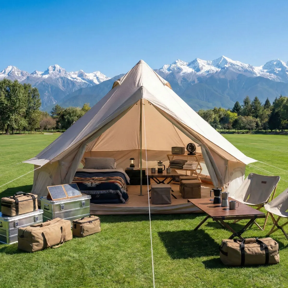 4 Season Bell Tent 9.8 FT, Beige Waterproof Glamping Yurt Tent with Stove Jack, Fits 4 People Family Camping Tent for Outdoor Parties & Camping