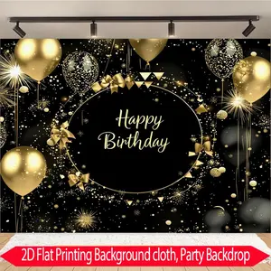 2D Flat 1PC Polyester Happy Birthday Backdrop Black Gold Glitter Bow Decor for Indoor & Outdoor Birthday Party, Celebration Gathering, Photo Booth, Wall Decor, Home Decoration, Event Background, Available in Multiple Sizes