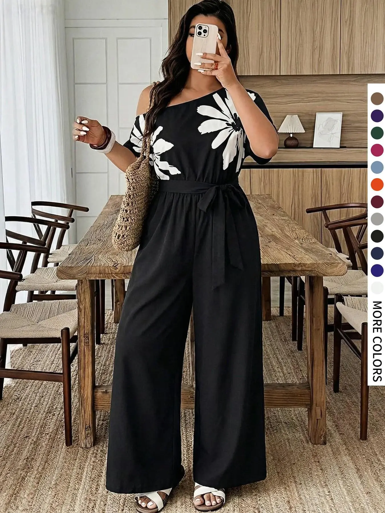Women's Plus Size Casual Elegant Short-Sleeve One-Shoulder Plant Jumpsuit with Belt and Pocket Design, Comfortable Fashion Fit Womenswear