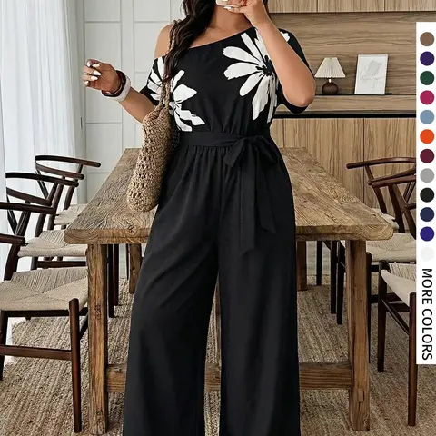 Women's Plus Size Casual Elegant Short-Sleeve One-Shoulder Plant Jumpsuit with Belt and Pocket Design, Comfortable Fashion Fit Womenswear