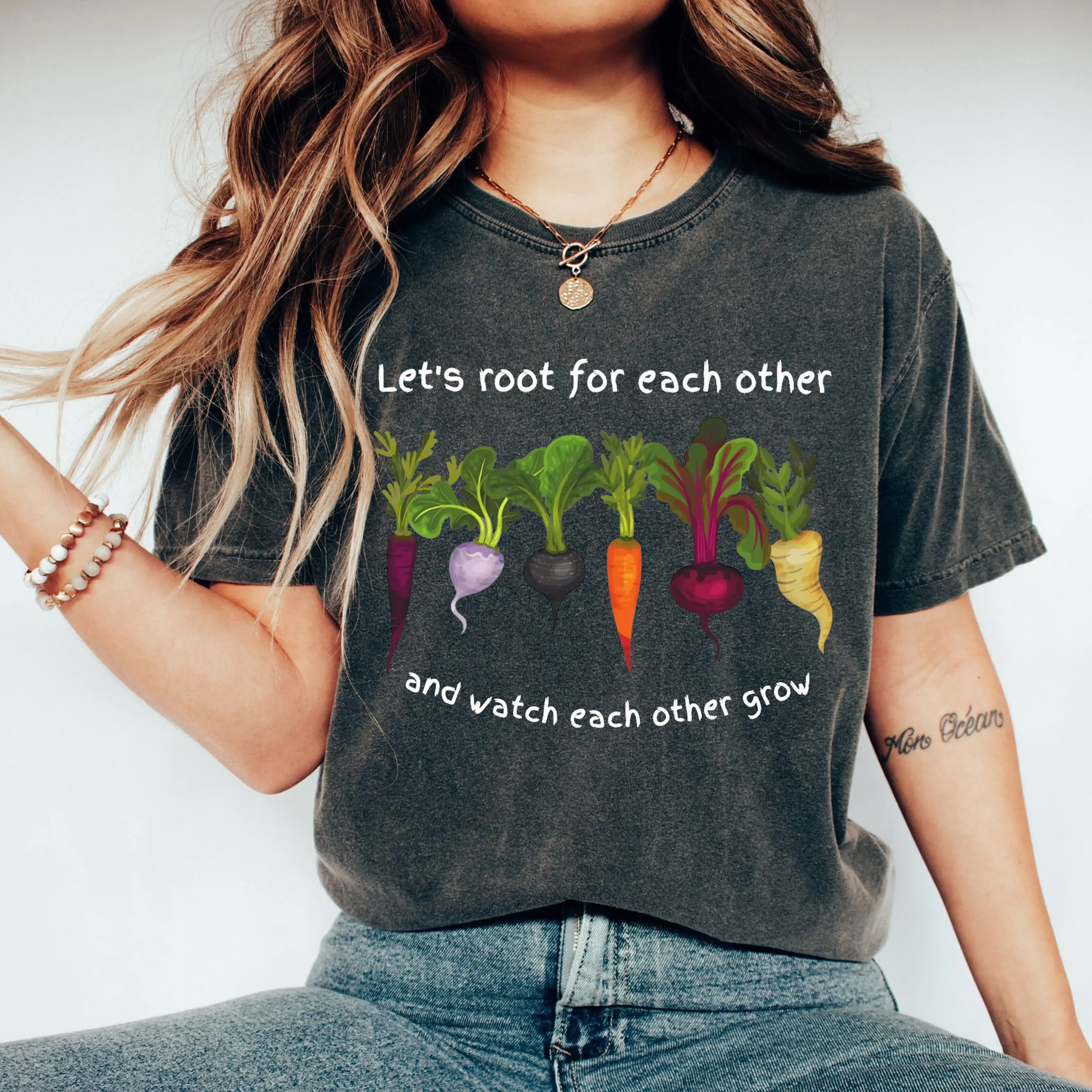 Let’s Root For Each Other Grow T-Shirt, Plant Lover Gardening Graphic Tee, Retro Nature Growth Shirt, Cute Vegetable Garden Tee, Vintage Positive Message Shirt