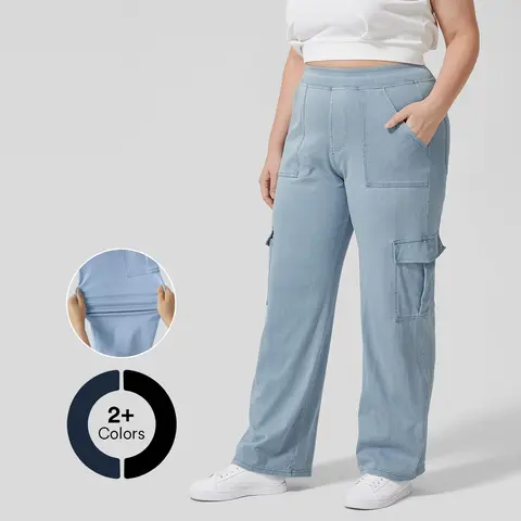Halara Magic Mid Rise Multiple Pockets Stretchy Knit Straight Leg Plus Size Casual Cargo Jeans Fit Pants Denim Comfort Comfortable Womenswear Garment