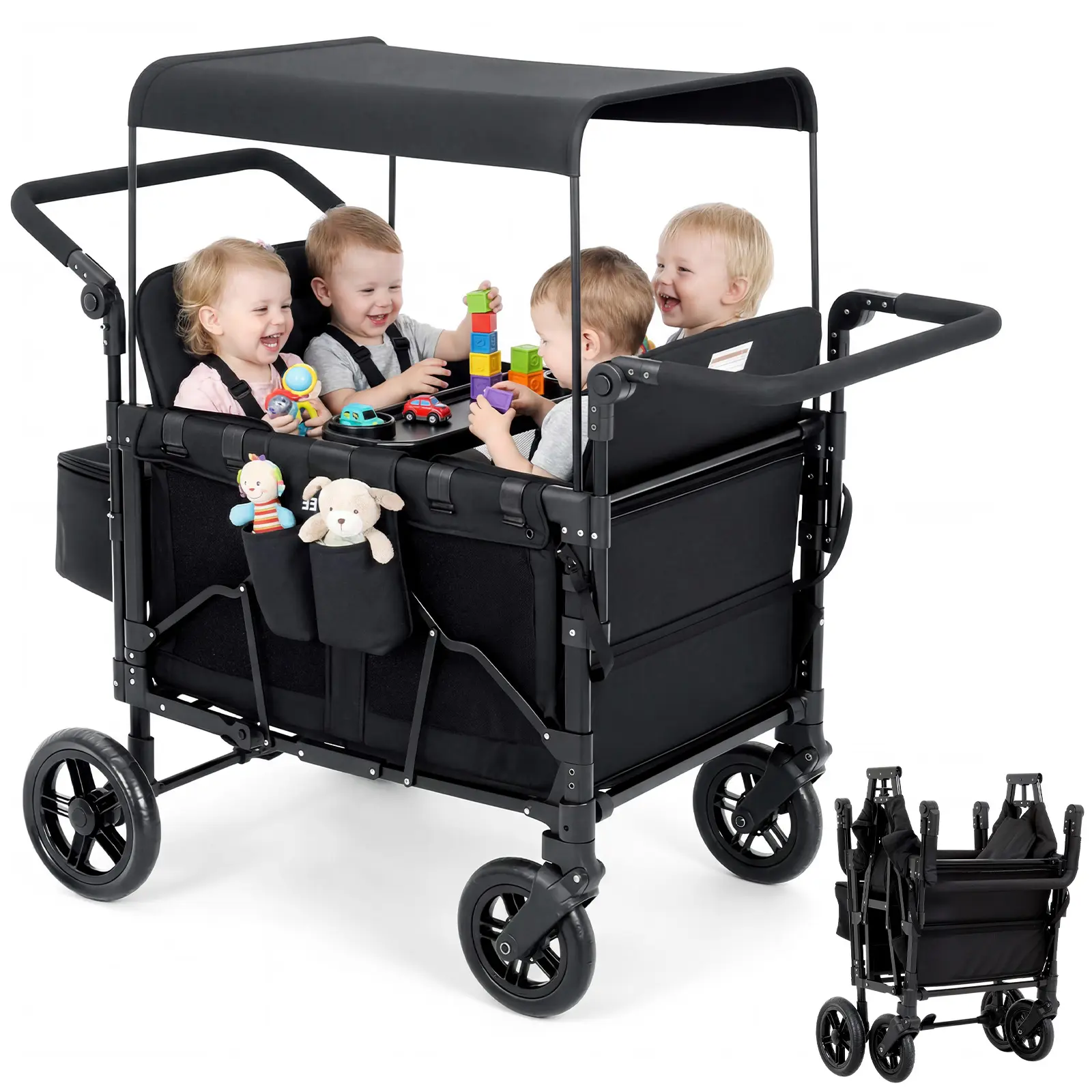 Ultimate 4-Seater Stroller Wagon for Family Travel, Beach Days & Park Trips. All-Terrain Folding Kids Cart Features Adjustable Push/Pull Handles, Removable UV Canopy, 5-Point Harness & Snack Tray. Safe, Smooth Ride for Outdoor Adventures