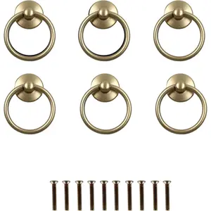 6PCS Ring Pull Handle, Single Hole Round Drop Ring Drawer Pulls Knobs for Cabinets Dressers Closets Doors, Brass