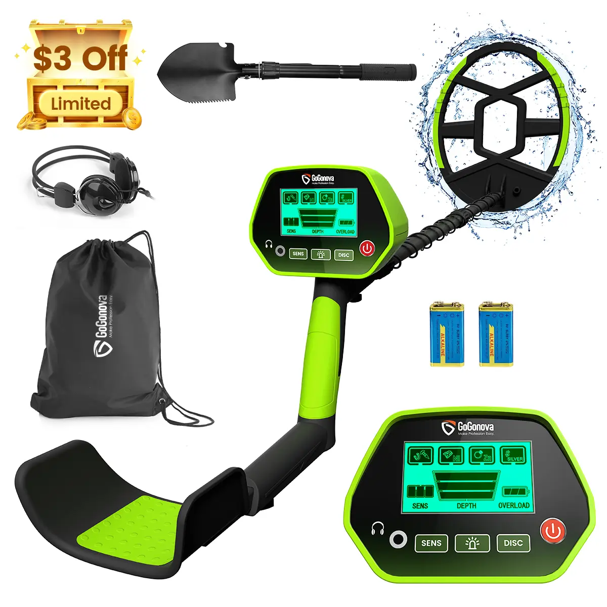 [3 OFF] GoGonova Handheld Waterproof Metal Detector for Adults & Kids, 8" Search Coil, IP68 Rating, All Metal & Disc Modes, Adjustable Stem, LCD Display, Durable Shovel, Anti-Interference Headphones, Lightweight Portable Tool Kit, Handheld Metal Detector