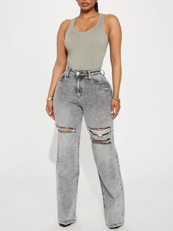 Remi Ripped Stretch Baggy Jeans – Grey | Relaxed Fit Distressed Denim Jeans