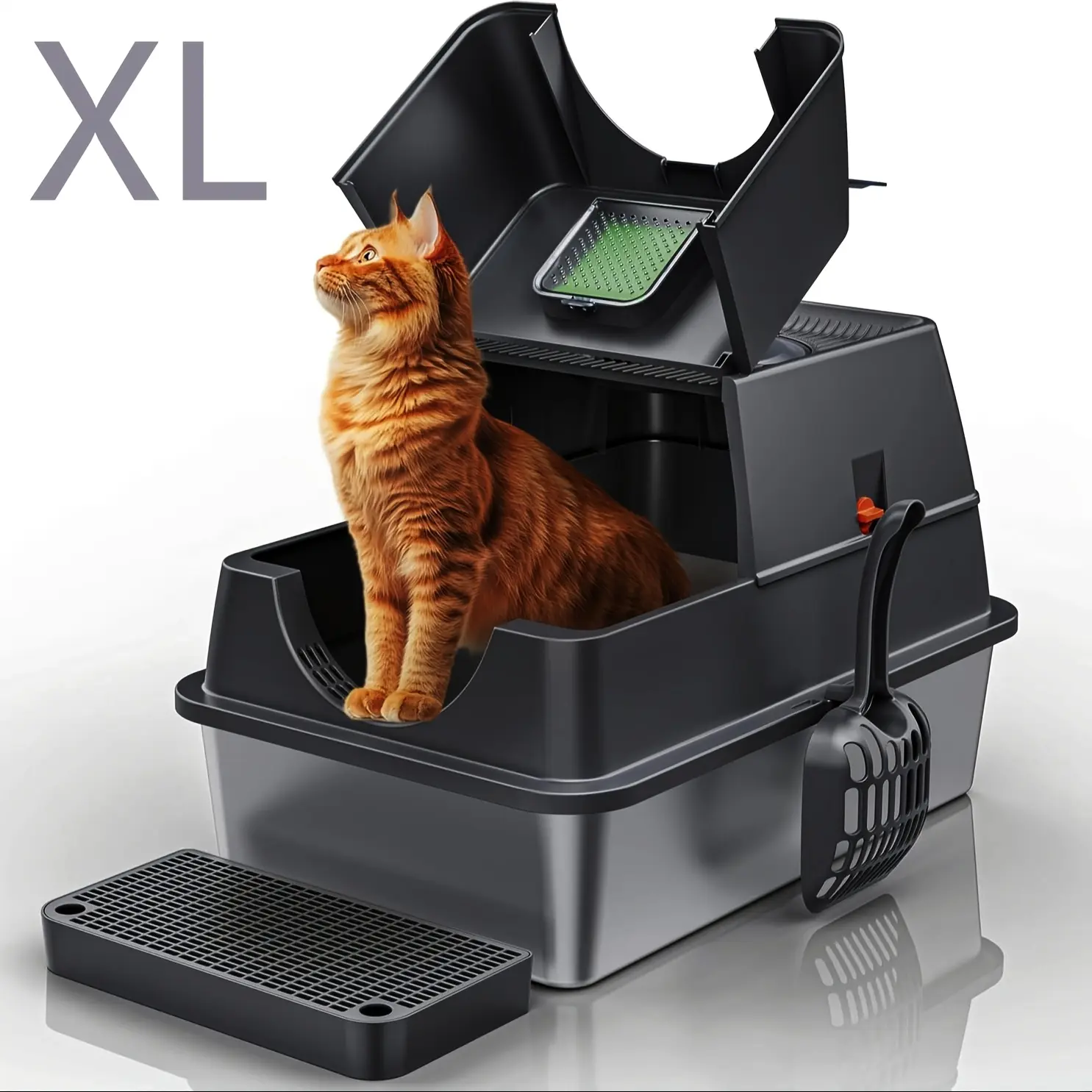 XL Stainless Steel Litter Box - Oversized Metal Tray with 3-in-1 Flip-Top Foldable Design, High Side Walls to Prevent Litter Scatter & Side Leakage, Odor Lock, XL Space for Large Cats