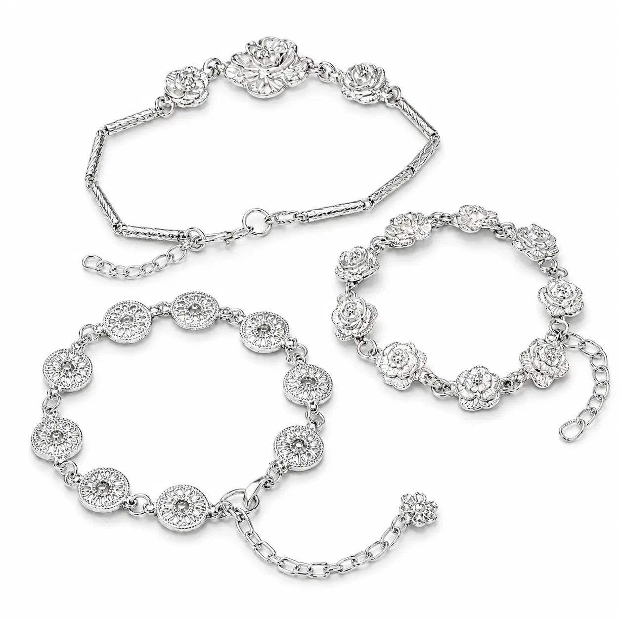 Women's Adjustable Silver-Tone Miao Style Floral Chain Bracelet Set - Traditional Pattern Artisanal Jewelry, Lightweight Trendy Gift