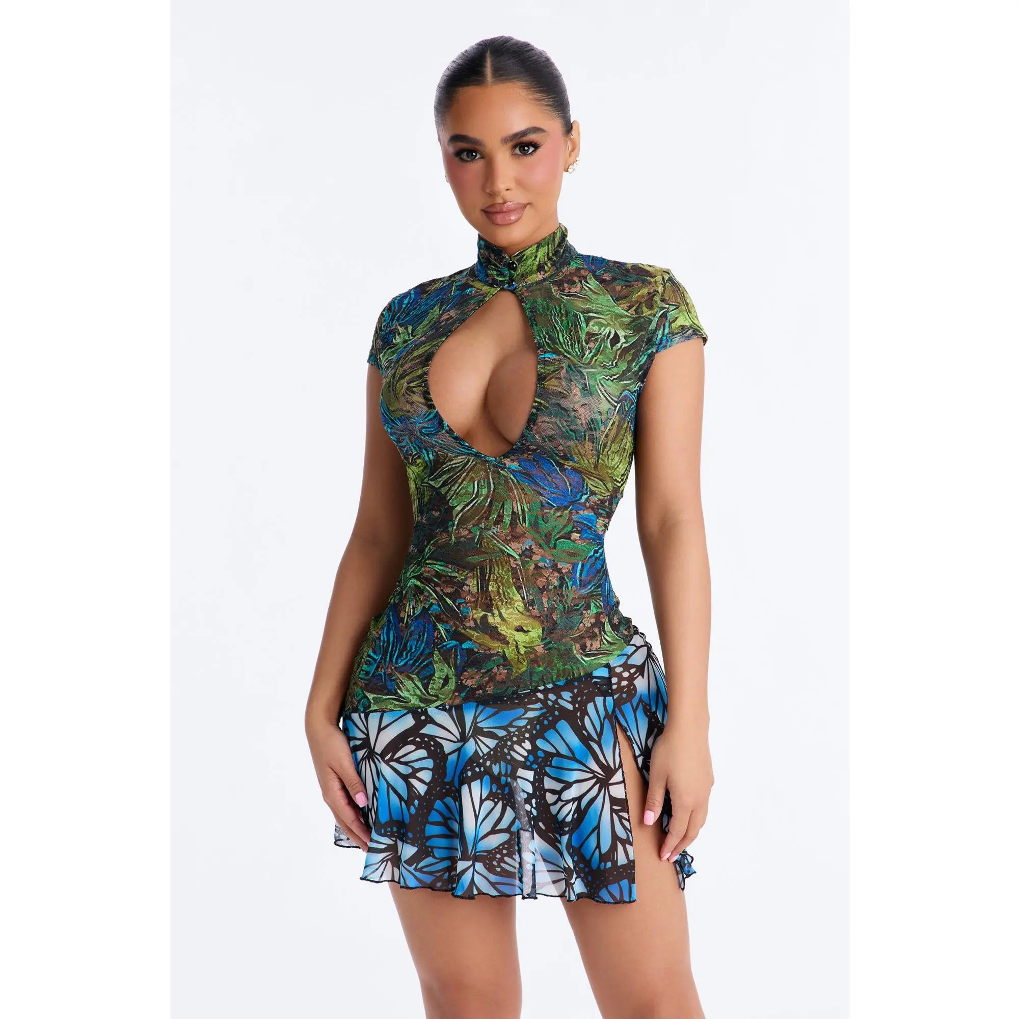 Lenah Lace Mini Dress - Green/combo