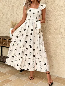 A fashionable white background black bow print dress for women, with a delicate square neckline design and sweet ear ear ear ear shoulder sleeves, suitable for commuting to work, shopping, and outdoor wear