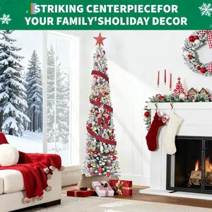 7.5 ft Tall PVC Flocked Christmas Tree - Green & White Snow Xmas Tree with Slender, Space-Saving Form, Lifelike Tips, Sturdy Metal Foldable Base, Festive Home Decor