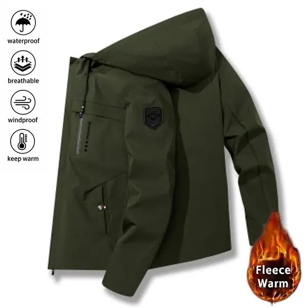 Men’s thickened fleece hooded jacket — windproof, waterproof, insulated casual sports outerwear suitable for outdoor activities and cold weather; machine washable. Thickened, comfortable winter padded jacket; Western men’s clothing.