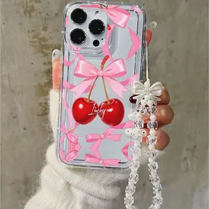 Lucky Cherry Bow Phone Case, Sweet Pink Cherries & Cursive Text Shockproof Scratch-Resistant Cover with Beaded Bow Strap Compatible with iPhone 11/12/13/14/15, 16 Pro Max/16 Pro/16 Plus