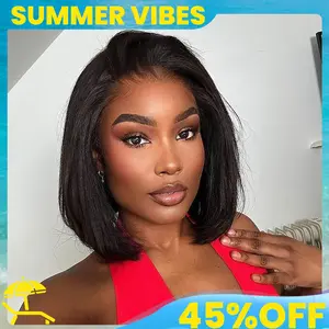 Wear & Go Yaki Straight Glueless Bob Wig Pull Go Pre Cut Lace Wig Natural Human Hair Wig Pre-Everything Wig #1B 180% Density Glueless Lace Black Yaki Bob Bleached Knots Wig#Summervibes