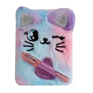 Cute Plush Cat Rabbit Mini Notebook Set, Portable Pocket Journal with Ballpoint Pen, Portable Size, Ideal Student Gift, 2 Piece Set