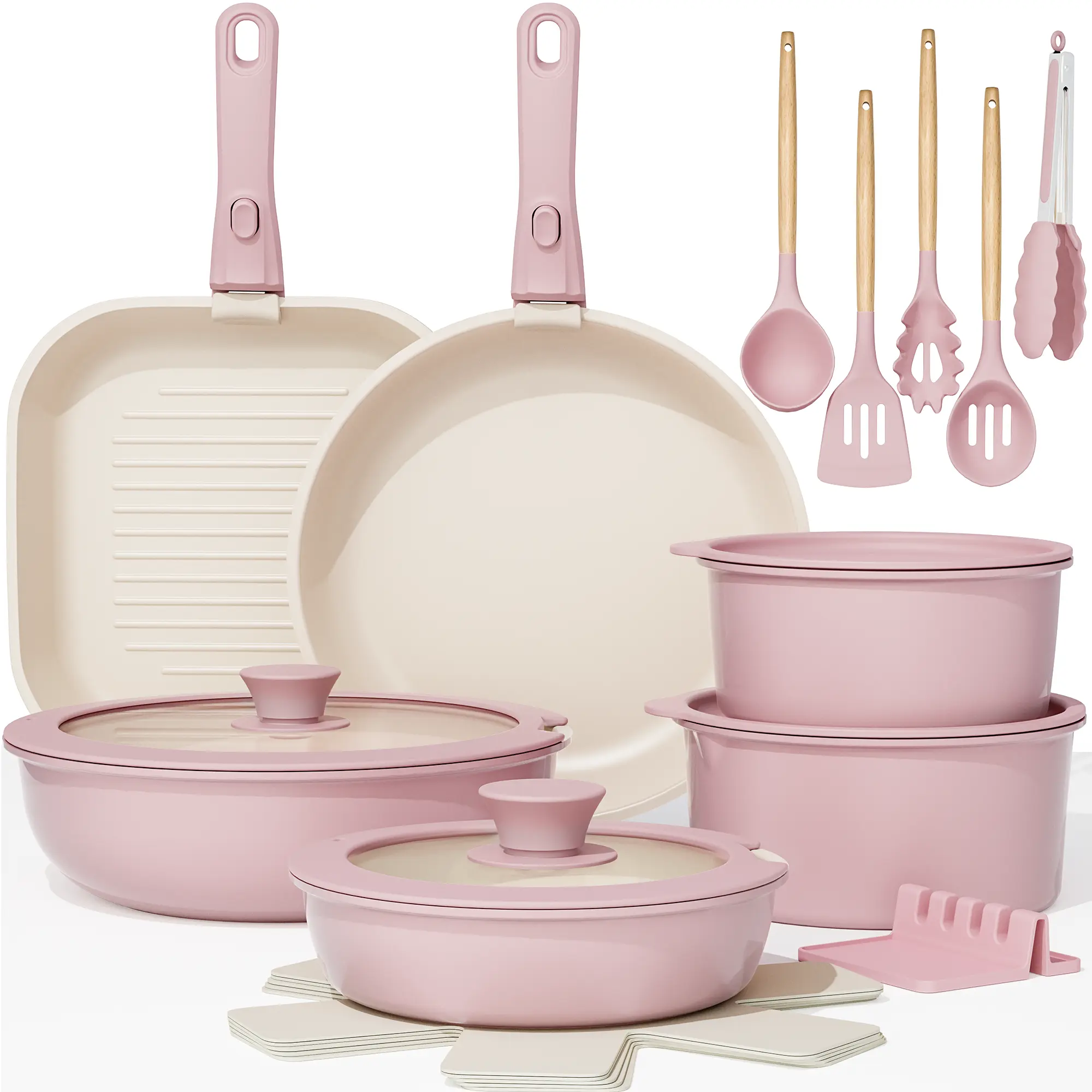 Astercook 22PCS Ceramic Nonstick Cookware Set - PFOA-Free Pots with Lids, Detachable Handle, Frying Pans for Steak, Eggs, RV Kitchen Use