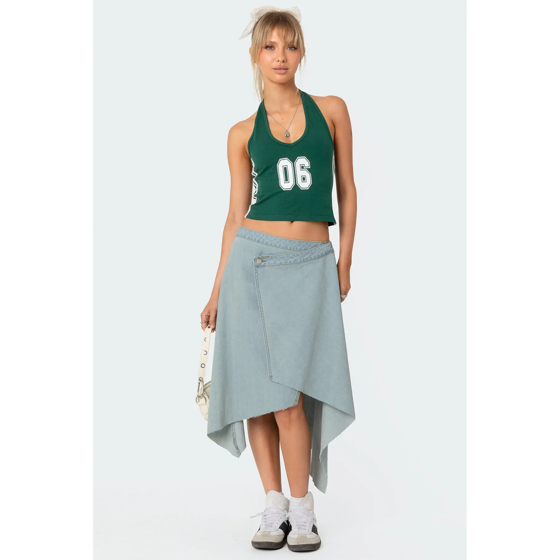 Asymmetric Wrapped Denim Midi Skirt