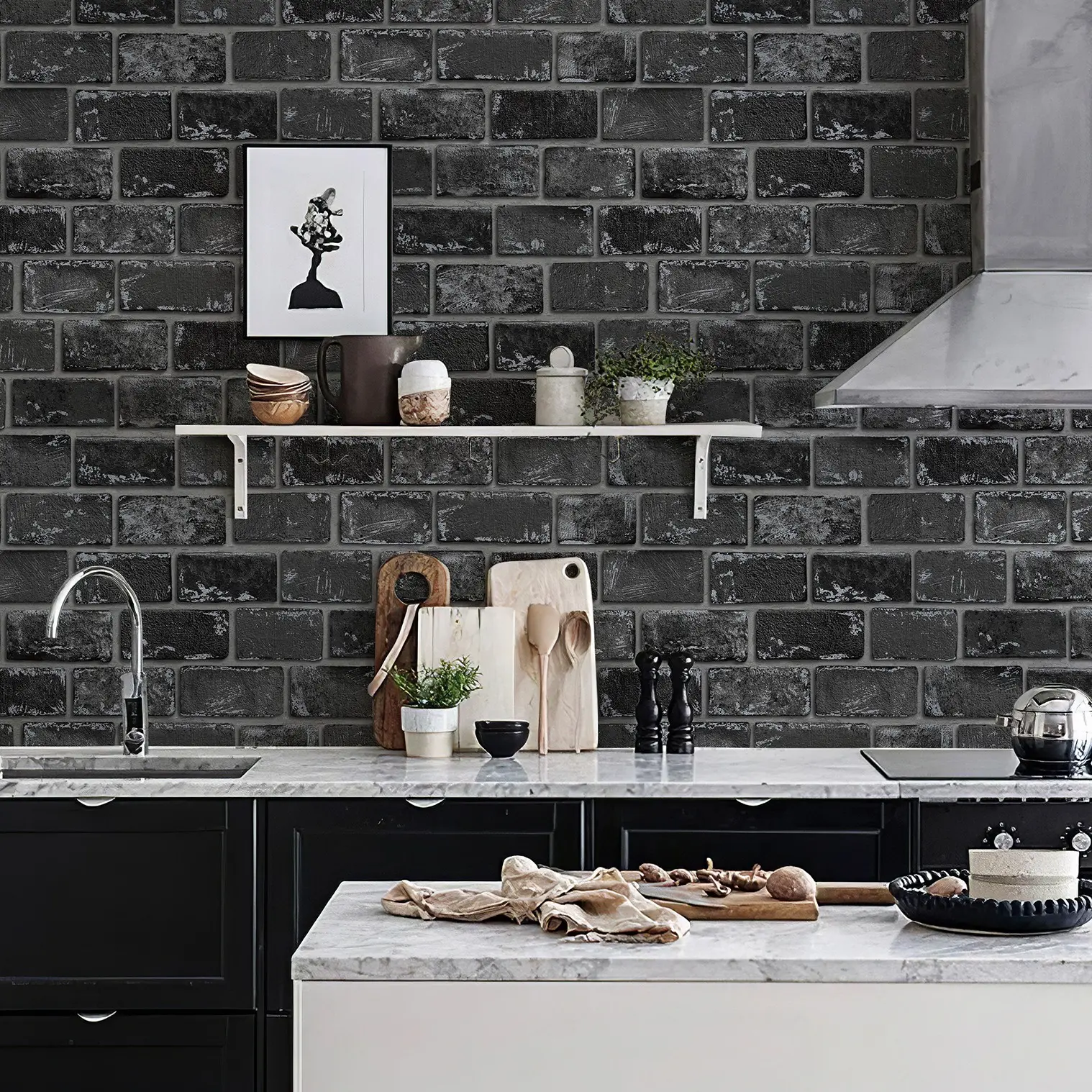 Black Brick Peel and Stick Wallpaper, Removable Self Adhesive Faux Brick Contact Paper for Kitchen Backsplash Fireplace Bedroom Living Room, Vintage DIY Wall Decor